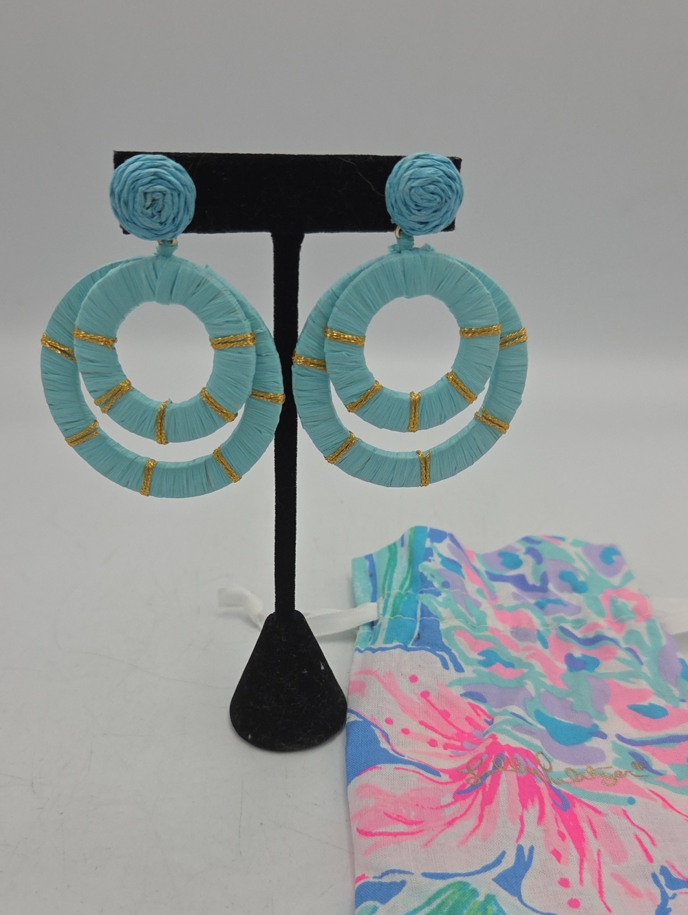 Lilly Pulitzer Light Blue Raffia Double Hoop Drop Earrings